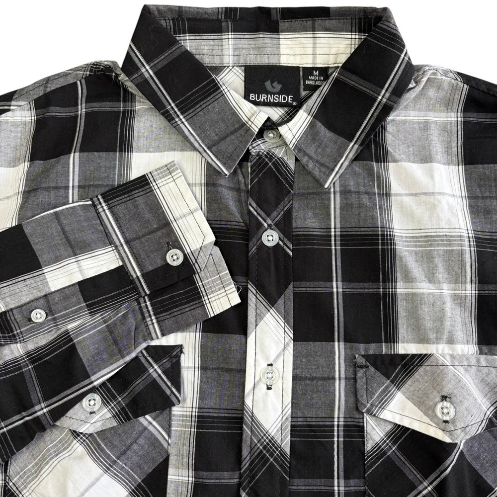Burnside Plaid Button Down Shirt Mens M Black White Cotton Blend Pockets NWT